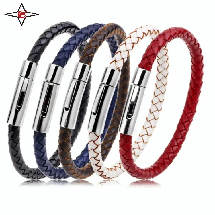 Jóias personalizadas botão aço inoxidável fecho magnético couro pulseira homens vermelhos corda pulseira