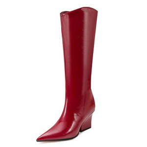 Big Size 45 Women's Solid Wide Fit Knee High Boots Ladies Chunky High Wedge Heels <b>Shoes</b> Pointed Toe Back Zipper Long Booties - Product Image 3