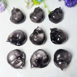 Figura de Gato Tallada en Piedra de Cristal para Sanación, con Brillo Plateado Natural, Obsidiana, Gato Durmiente - Product Image 4