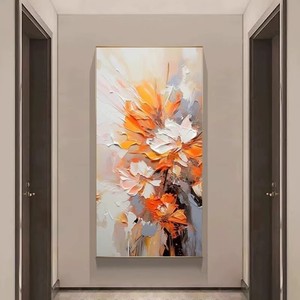 Modern Abstract Oil Painting Orange <b>Flowers</b> Metal Frame Entryway Decor Artwork Hand Painted <b>Wall</b> Hanging For Living Room - Product Image 3