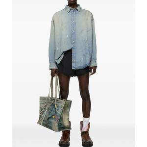 Camisas de mezclilla unisex de manga larga, estilo urbano, casual, vintage, con botones, corte holgado, estilo oversize, con efecto salpicado de pintura, para hombre. - Product Image 3