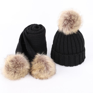 Bonnet <span class=keywords><strong>tricot</strong></span>é avec pompon pour bébés, garçons et filles, ensemble écharpe et bonnet avec fausse fourrure, vente en gros - Product Image 6