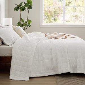 Bộ chăn ga gối 100% cotton cho giường cỡ Queen, chăn nhẹ kiểu tổ ong có họa tiết in, dùng được quanh năm, màu trắng - Product Image 6