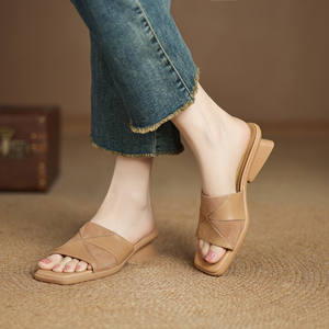 Summer New Style Elegant Multi-color Thick-soled Genuine Leather <b>Slip</b>-on Waterproof Ankle-wrap Open-toe slippers for <b>Women</b> - Product Image 3