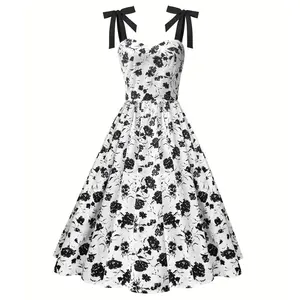 MXN 1005 Ladies high-grade black white rose print one line collar sleeveless suspender elegant vintage dress for women