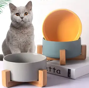 Keramik Kustom Hewan Peliharaan Mangkuk Baru Hewan Peliharaan Mangkuk non Slip Hewan Peliharaan Mangkuk Air atau Mangkuk Makanan untuk Hewan Peliharaan untuk Anjing dan Kucing dengan Bambu Mendasari