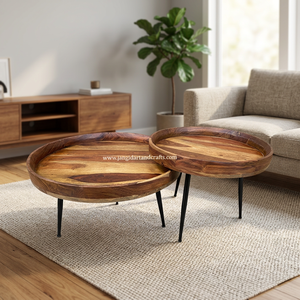 Ensemble de 2 tables basses rondes en bois massif, style mid-century moderne, meubles de salon, pieds en métal, Jangid Art & Crafts - Product Image 3