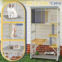 Enclos mobile pour chats d'extérieur en bois, multi-niveaux, avec roues, 3 plateformes, toit imperméable, abri gris pour félins
