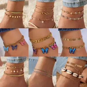 Custom Dripping Oil Butterfly Pendant Alloy Ankle Bracelets Gold Letter Initial Beach Shells Diamond Anklets For Women