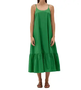 宽松女士夏装圆领裹胸露背过膝长裙开背性感优雅绿色长裙