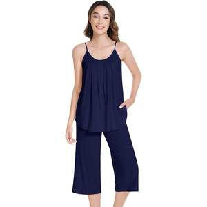 Ensemble de pyjama plissé en viscose de bambou pour femme, débardeur et pantalon capri, sans manches, respirant, décontracté, pour la nuit - Product Image 1