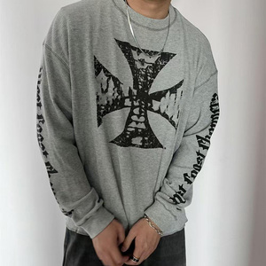 Chemise à manches longues pour homme en coton 100% surdimensionnée, tricot gaufré épais, imprimé graphique croix de fer gothique, style vintage streetwear personnalisé - Product Image 3