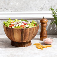 Grand bol de service moderne et écologique en bois d'acacia, ensemble de salade de fruits, pain et légumes avec pied pour la cuisine et les fêtes