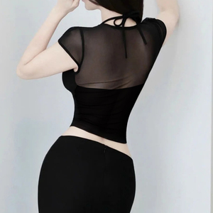 Women’s Y2K Sexy Hollow Out Halter Neck Mesh Crop Top Short Sleeve <b>Tie</b>-Up T-Shirt Clubwear - Product Image 5