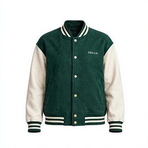Blouson universitaire d'hiver pour femme en peau de mouton verte, avec blocs de couleur, corps en suède et coton, manches côtelées, lettres brodées, boutons-pression et col montant - Product Image 1