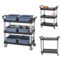 Chariot de service alimentaire noir 3 niveaux en plastique PP 3mm d'épaisseur pour hôtels et restaurants, capacité 50-70kg, prix usine