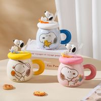 Mug à café en céramique mignon avec couvercle et paille, motif Snoopy, capacité 500 ml, idéal pour un cadeau