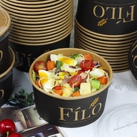 Bol Déjeuner Salade Rond en Papier Kraft Jetable Micro-ondable Imprimé Noir avec Film CPET pour Plats à Emporter, Vente en Gros, 1100 ml