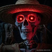 Squelette d'épouvantail de taille réelle de 165 cm pour Halloween avec yeux rouges lumineux et activation sonore pour une décoration de jardin extérieure effrayante