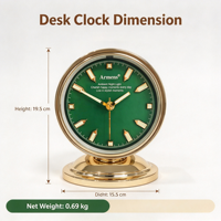 Horloge de table de luxe à cadran vert avec lumière nocturne ambiante, horloge de bureau silencieuse à quartz décorative pour la maison, la chambre à coucher, le salon, ornement