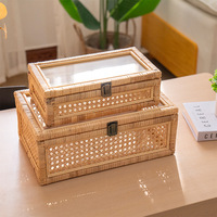 Panier de rangement en rotin fait main, couvercle transparent, boîte de rangement rectangulaire pour bureau, panier de présentation pour la maison, vente en gros de marchandises