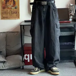 Celana Jeans longgar pria, celana panjang Denim pria, celana kaki lebar, Jeans ukuran besar kargo gaya Korea untuk lelaki 2024
