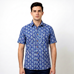 Mens Hand Block Printed 100% Cotton Breathable Floral Short Sleeve Casual <b>Button</b> Down <b>Shirt</b> Summer for Wholesale - Product Image 1