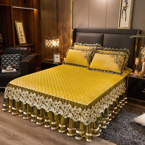 Jupe de <span class=keywords><strong>lit</strong></span>/couvre-<span class=keywords><strong>lit</strong></span> en velours cristal matelassé à bordure en dentelle, taille simple/double, couvre-matelas épais antidérapant, 1,8 m. - Product Image 4