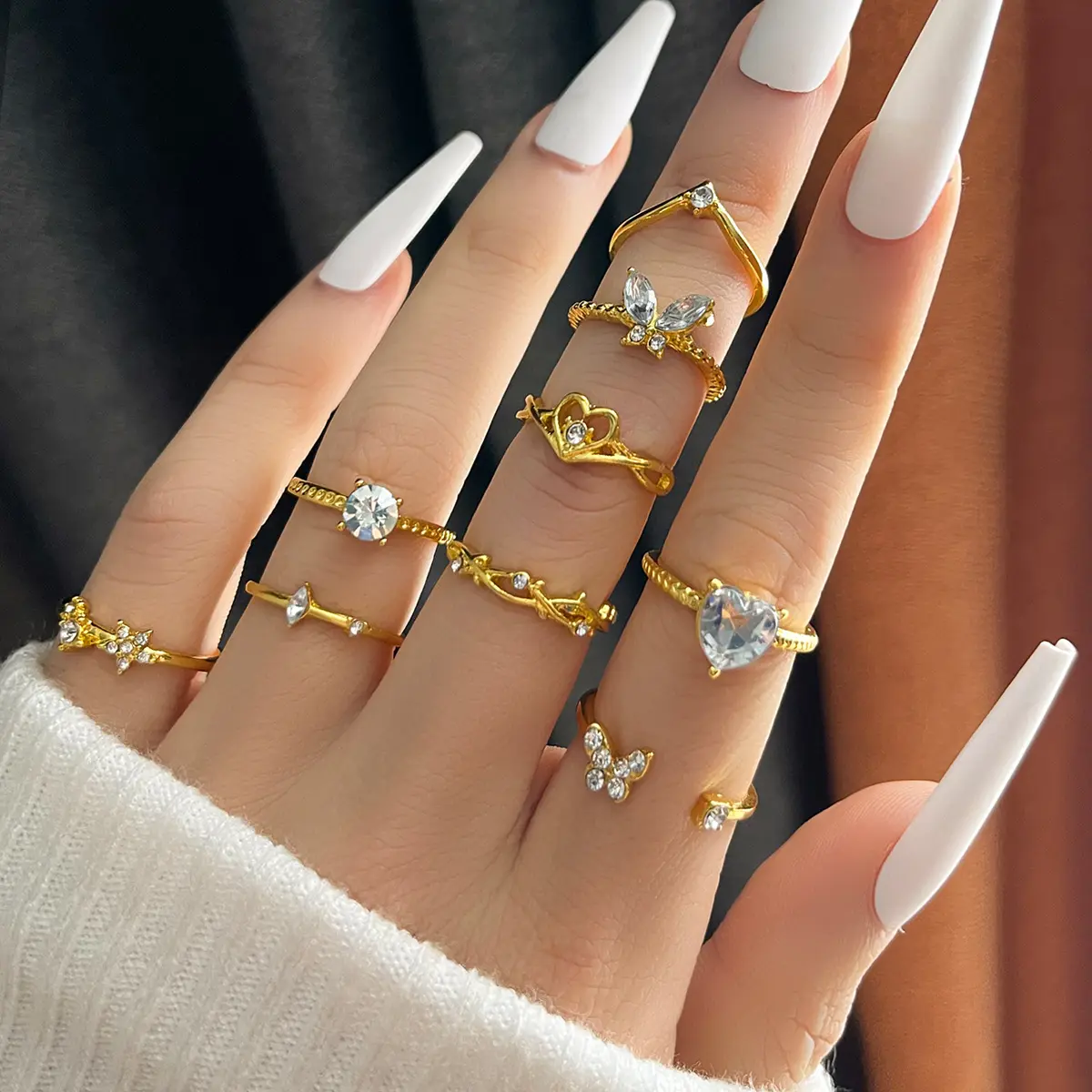Fashion 9pcs/set Butterfly Heart Finger Ring Set 18K Gold Plated Rhinestone Heart Butterfly Rings For Women