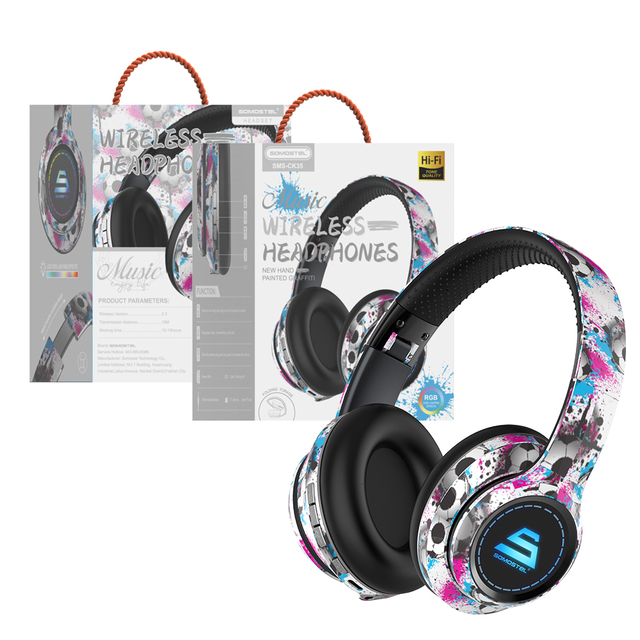 Somostel Cool Graffiti LED Light up Gaming Headset Wireless Over-ear Headphones Deep Bass Headphones for Computer Tablet Phone