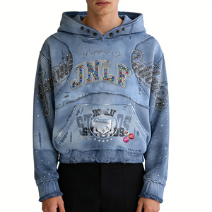 Sweat à capuche vintage pour homme en molleton de coton épais, coupe oversize, style Hip Hop, délavé à l'acide, effet usé, avec broderie 3D, <span class=keywords><strong>patchwork</strong></span> et motifs graphiques, orné de strass - Product Image 1