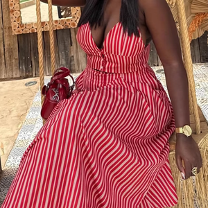 Women's <b>Sexy</b> Spaghetti Strap Top & African-Inspired Midi Skirt New Fashion Striped 2-Piece <b>Set</b> Fashion - Product Image 5