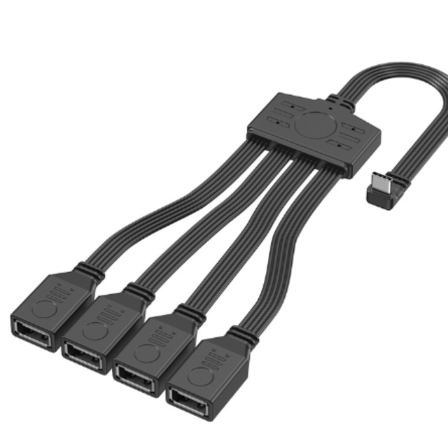 Silicone Flat Cable USB Splitter 1 to 4 Connections with 90° Angled Connectors for OTG Car PC Flash Drive for Data Transfer