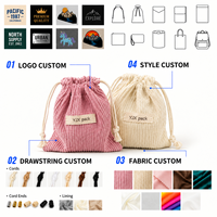 Sac à cordon en velours côtelé vintage avec étiquette en tissu personnalisée, petite pochette portable pour accessoires, emballage cadeau