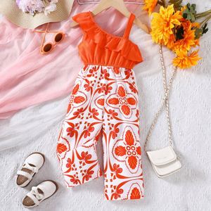 Nouvelles filles vacances d'été imprimé pur coton épaule inclinée à volants barboteuse <span class=keywords><strong>Net</strong></span> célébrité - Product Image 4