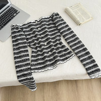 Koreanische Spitze Schwarz-Weiß Gestreifter Off-Shoulder Tweed Strickjacke Damen Herbst Slim-Fit