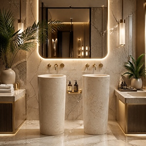 Lavabo de Baño Independiente de Travertino, Lavabo de Piedra Blanca, Diseño Rústico, Acabado Pulido, Montaje de Grifo de un Solo Orificio - Product Image 5