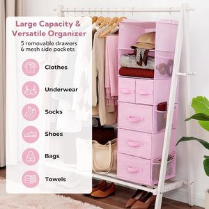 Organisateur de placard suspendu 6 étagères 5 tiroirs avec poches latérales pour le rangement des vêtements, utilisation en chambre, tissu non tissé - Product Image 4