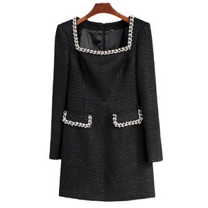 2025 elegante abito da sera da donna nero con collo quadrato in vita-abito Casual a <span class=keywords><strong>maniche</strong></span> <span class=keywords><strong>lunghe</strong></span> floreale di alta qualità decorato con perle - Product Image 1