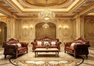 Sofá Seccional de Cuero para Sala de Estar, Estilo Aristocrático Francés, Vintage, Madera Maciza Tallada a Mano, Beige Dorado, 123 Plazas, para Villa - Product Image 5