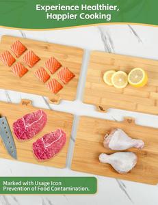 Ensemble de 4 planches à découper en bambou naturel écologiques pour la cuisine avec support métallique, logo personnalisé, icônes alimentaires, forme rectangulaire - Product Image 5