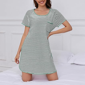 Camisón de algodón 100% a rayas para mujer, de manga corta, corte holgado, cuello redondo, con bolsillo, camiseta de dormir informal con dobladillo dividido - Product Image 3