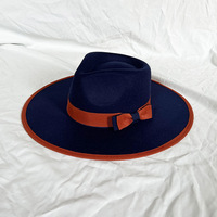 Chapeau melon d'hiver en feutre de haute qualité, bicolore, à large bord, avec nœud bicolore et dessus à effet goutte, style jazz