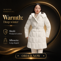 Vente en gros de manteaux longs en duvet pour femmes, couleur beige, avec ceinture, capuche en fausse fourrure, veste matelassée