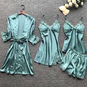Conjuntos de Pijamas de Satén Sedoso Casual, Transpirables y Ecológicos, Tallas Grandes, Personalizados al por Mayor, Ropa de Dormir de 4 Piezas para Mujer - Product Image 3
