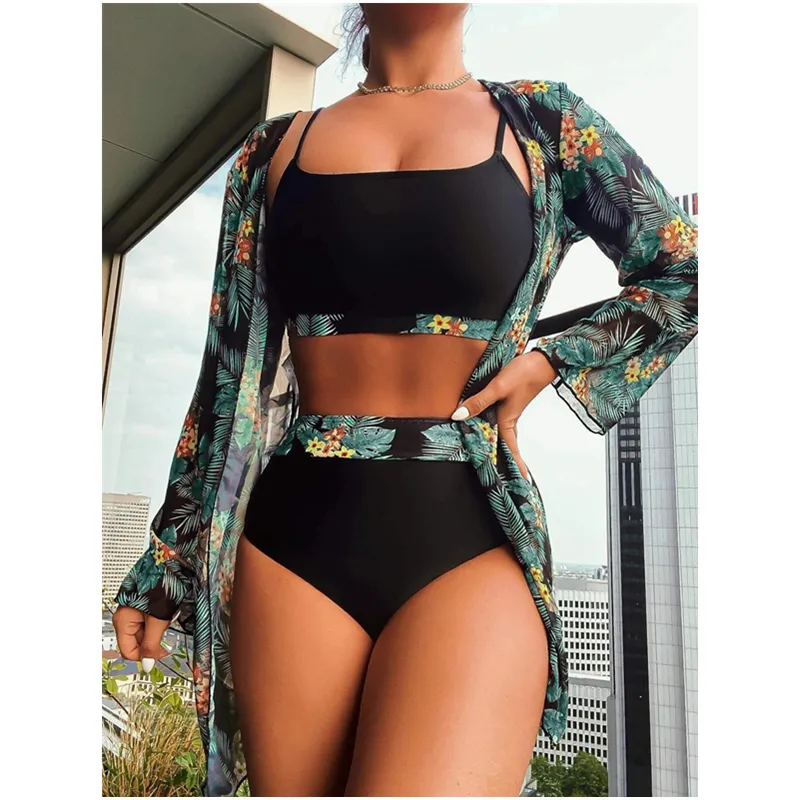 2024 Floral Print Swimwear Women Plus Size with Coverup Bikini 3 Pieces Suit High Quality Retro Swimsuit Manufacturers
