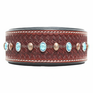 Collar de cuero para perro, accesorio personalizado con capa superior de cristal turquesa y tachuelas, cesta tejida a mano, collar de mascota con hardware de latón sólido - Product Image 1