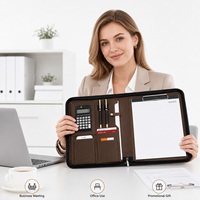 Portafolio de Cuero A4 con Cierre y Calculadora, Personalizable con Logotipo, Bolsa para Documentos de PU Encerado Premium, Organizador de Negocios para Reuniones de Oficina