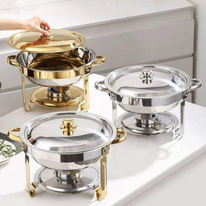 Suministros de hotel Plato de frotamiento redondo de acero inoxidable, Calentador de Comida comercial para Buffet, Juego de buffet para frotamiento - Product Image 1