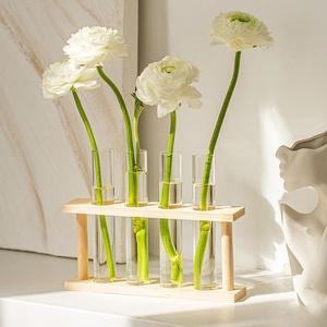 Glass Office Tabletop Flower Vase Hydroponic Plant Container Home Decor Brown Solid Wooden <strong>Rack</strong> Test <strong>Tube</strong> Mini Vases - Product Image 1